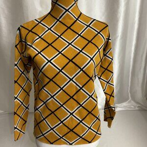 Tahari Mustard Yellow Plaid Mock Neck Sweater Womens Size S
